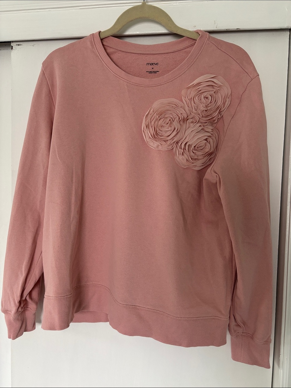 Anthropologie Light Pink Floral Appliqué Crewneck Sweatshirt